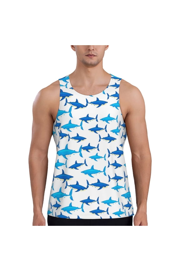 Workout Tank Tops for Men - Cartoon Cool Shark Blue_A Quick Dry Sleeveless Muscle Shirts for Men with Running