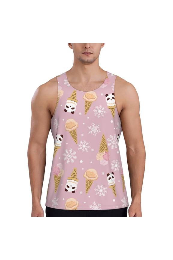 Workout Tank Tops for Men - Cartoon Cute Panda Cone Pink Quick Dry Sleeveless Muscle Shirts for Men with Running