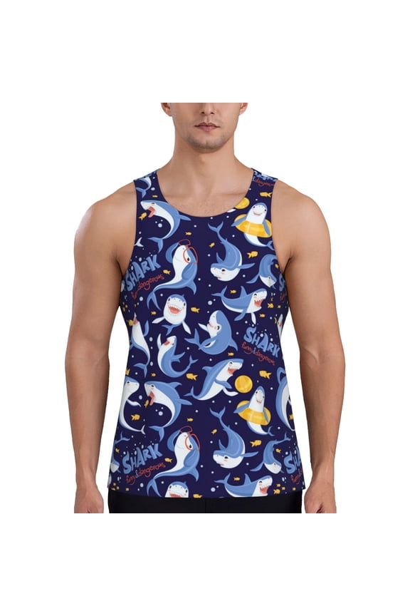 Workout Tank Tops for Men - Cartoon Funny Shark Blue_A Quick Dry Sleeveless Muscle Shirts for Men with Running