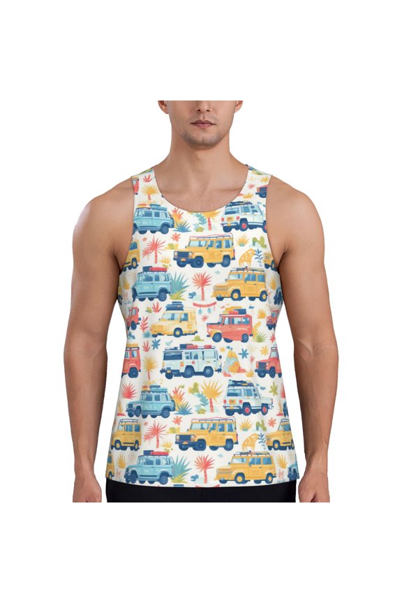 Workout Tank Tops for Men - Cartoon Travel Rv Suv Quick Dry Sleeveless Muscle Shirts for Men with Running