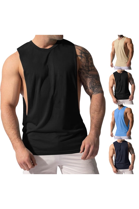 Workout Tank Tops for Men Casual Lightweight Sleeveless Tee Shirts Popularity Side Wide Fork Fitness Sports Summer Loose Beige L