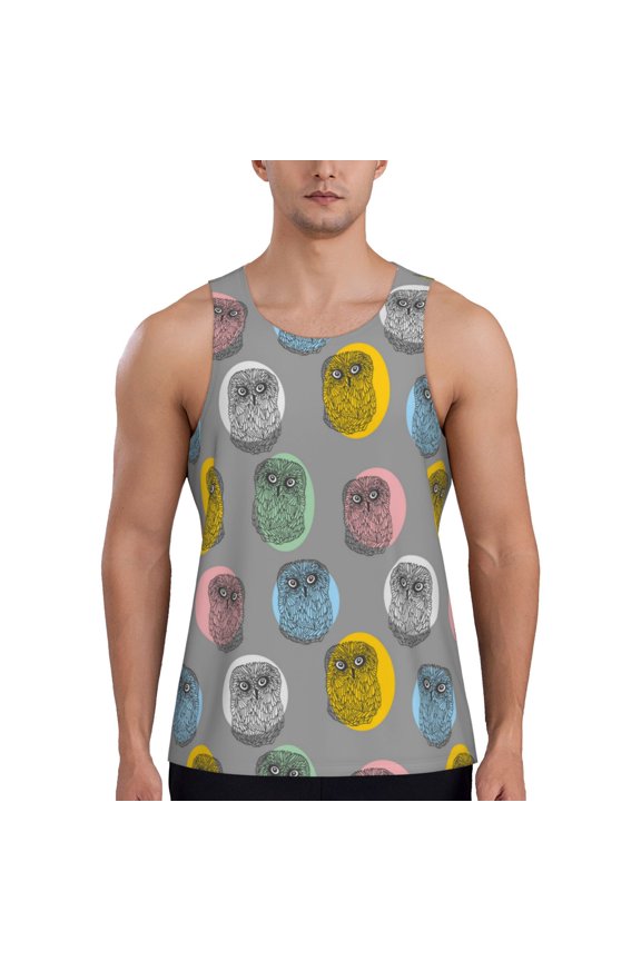 Workout Tank Tops for Men - Circular Patterned Owl Quick Dry Sleeveless Muscle Shirts for Men with Running