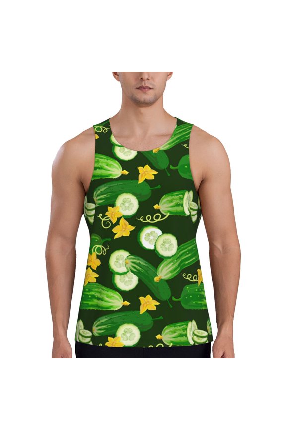 Workout Tank Tops for Men - Cucumber Pattern Leaf Quick Dry Sleeveless Muscle Shirts for Men with Running
