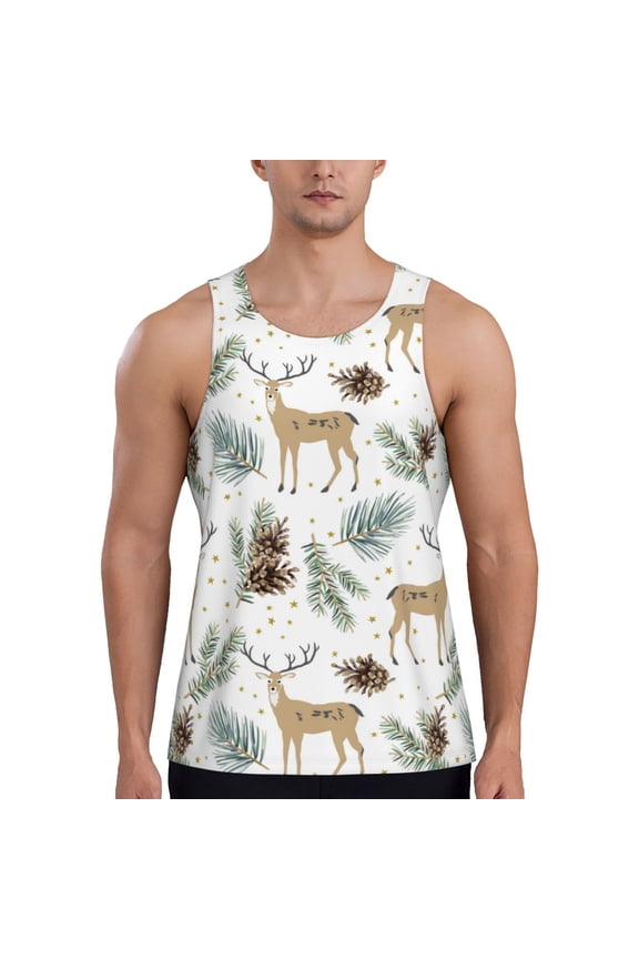 Workout Tank Tops for Men - Cute Deer Palm Leaf Pine Cone Quick Dry Sleeveless Muscle Shirts for Men with Running