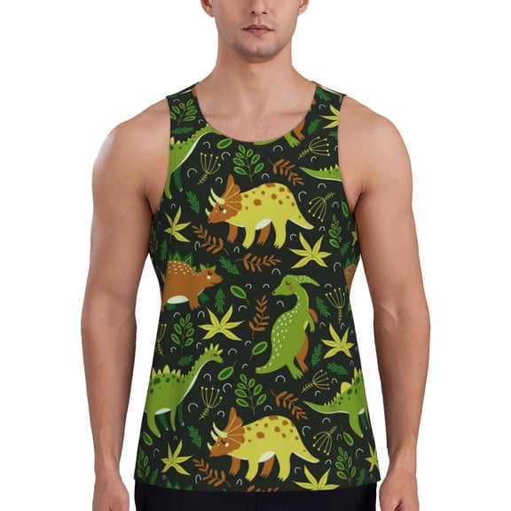 Workout Tank Tops for Men - Cute Green Dinosaur Leaves Quick Dry Sleeveless Muscle Shirts for Men with Running