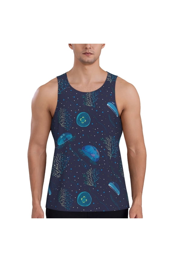 Workout Tank Tops for Men - Deep Blue Coral Jellyfish Quick Dry Sleeveless Muscle Shirts for Men with Running