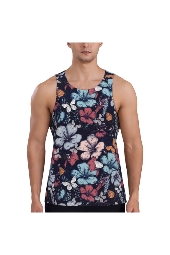 Workout Tank Tops for Men - Flowers Ad Butterflies Quick Dry Sleeveless Muscle Shirts for Men with Running