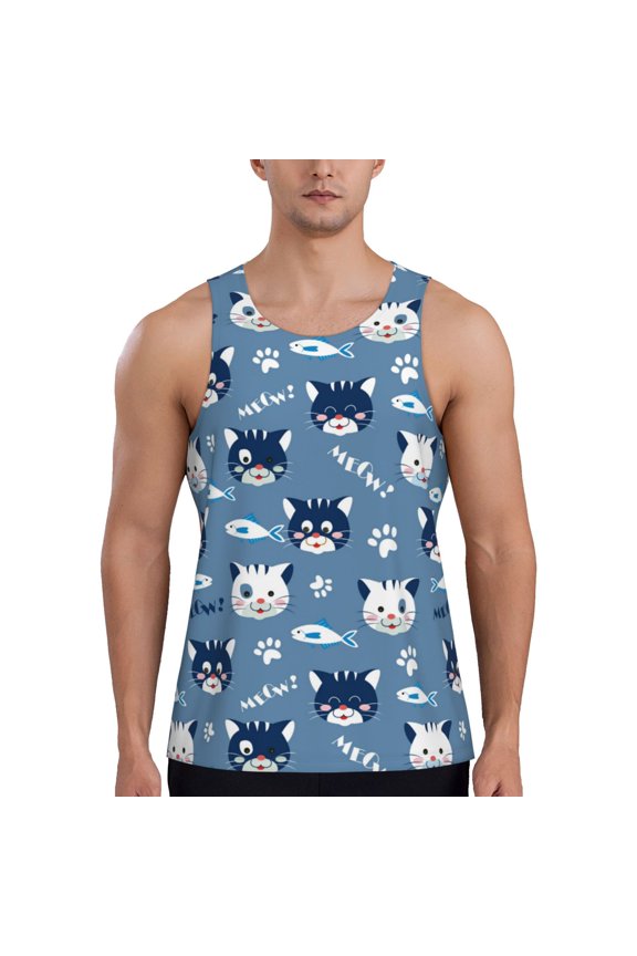 Workout Tank Tops for Men - Funny Cute Cat Face Fish Quick Dry Sleeveless Muscle Shirts for Men with Running