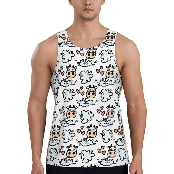 Workout Tank Tops for Men - Funny Cute Cow Head Milk Love Quick Dry Sleeveless Muscle Shirts for Men with Running