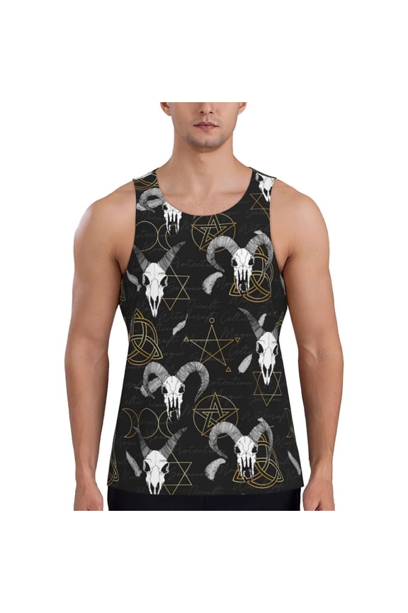 Workout Tank Tops for Men - Gothic Style Cool Goat Skull Quick Dry Sleeveless Muscle Shirts for Men with Running