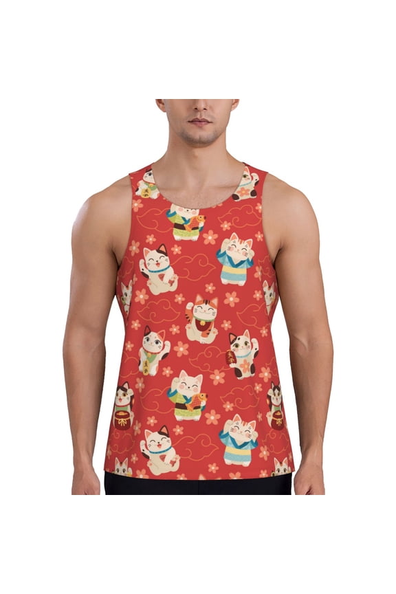 Workout Tank Tops for Men - Japanese Maneki Cats Quick Dry Sleeveless Muscle Shirts for Men with Running