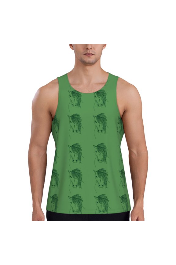 Workout Tank Tops for Men - Lines Long Sideburns Horse Green Quick Dry Sleeveless Muscle Shirts for Men with Running