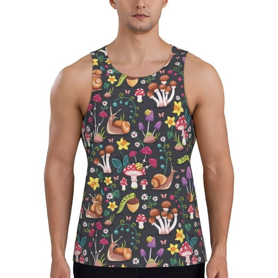 Workout Tank Tops for Men - Mushrooms Snails Butterflies Quick Dry Sleeveless Muscle Shirts for Men with Running