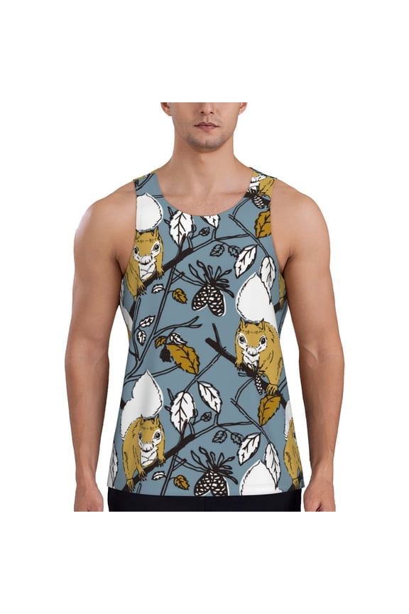 Workout Tank Tops for Men - Painted Cute Squirrel Pine Cone Quick Dry Sleeveless Muscle Shirts for Men with Running