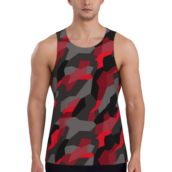 Workout Tank Tops for Men - Red Grey Black Camouflage Quick Dry Sleeveless Muscle Shirts for Men with Running