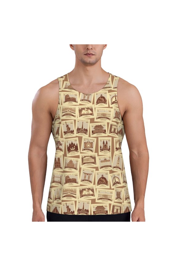 Workout Tank Tops for Men - Stamp Pattern Vintage Quick Dry Sleeveless Muscle Shirts for Men with Running