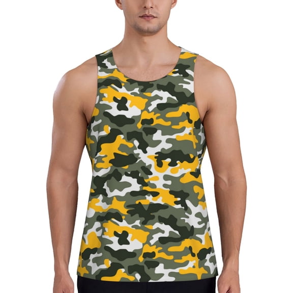 Workout Tank Tops for Men - Yellow Green Camouflage Quick Dry Sleeveless Muscle Shirts for Men with Running