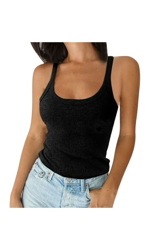Workout Tank Tops for Women Ribbed Round Neck Low Cut Camis Sleeveless Top Tees Blouse Solid Color Tanks (Large, Black)