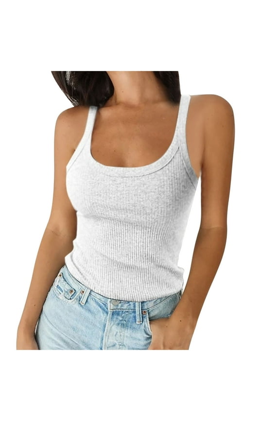Workout Tank Tops for Women Ribbed Round Neck Low Cut Camis Sleeveless Top Tees Blouse Solid Color Tanks (Large, White)