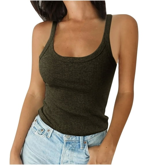 Workout Tank Tops for Women Ribbed Round Neck Low Cut Camis Sleeveless Top Tees Blouse Solid Color Tanks (XX-Large, Green)