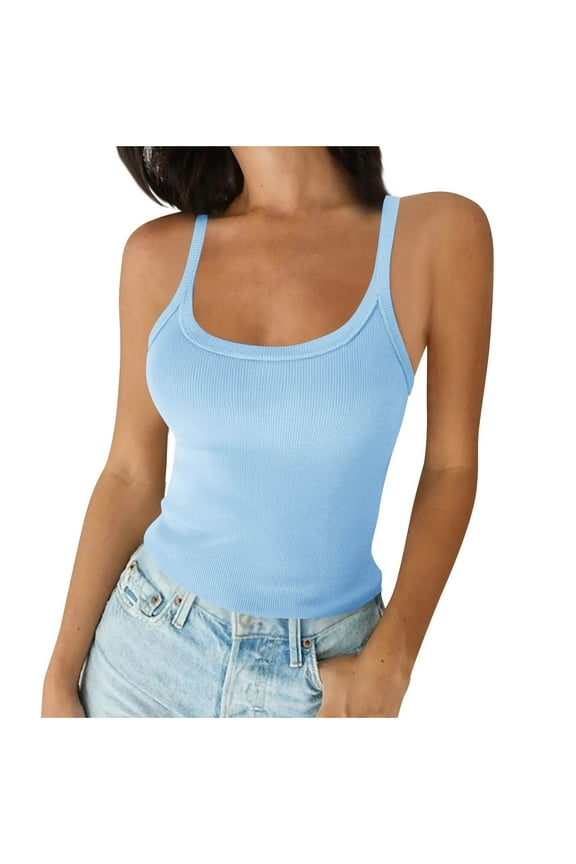 Workout Tanks Women's Ribbed Scoop Neck Tank Top Slim Fitted Cotton Spaghetti Strap Camisole Basic Sleeveless Layering Shirt form Fitting Knit Cami