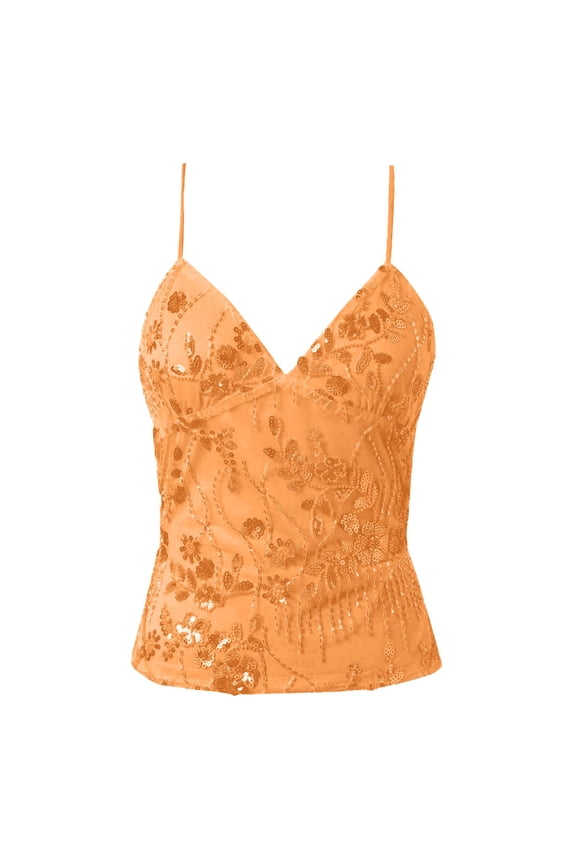Workout Tanks for Women Women's Y2K Sequin Sheer Mesh Layering Camisole Top Cami Tops for Women Orange M