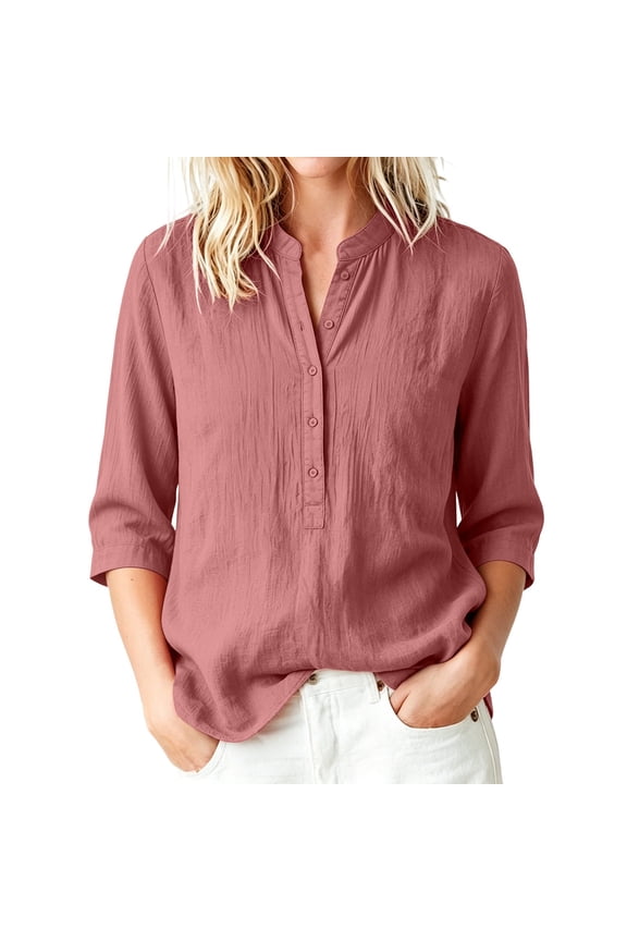Workout Tees for Women’s Half Button Shirt - 3/4 Sleeve Crew Neck R Faux Linen Tops - Loose Breathable Office Dress Blouses XXL