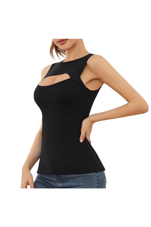 Workout Tops For Women Sevevn Women's Cutout Sleeveless Tank Top Form-Fitting Crew Neck Cami Black M