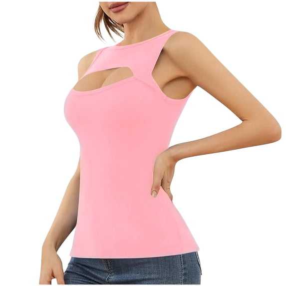 Workout Tops For Women Sevevn Women's Cutout Sleeveless Tank Top Form-Fitting Crew Neck Cami Pink S