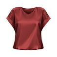 thumbnail image 1 of Workout Tops For Women Short Sleeve Satin Loose Round Neck Blouse Top Red L, 1 of 6