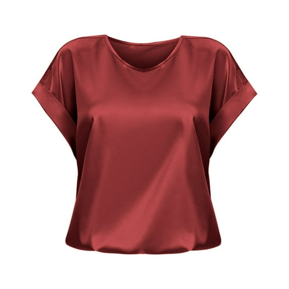 Workout Tops For Women Short Sleeve Satin Loose Round Neck Blouse Top Red L
