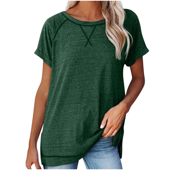 Workout Tops for Women Elastic Breathable Short Sleeve Women's Solid Color Short Sleeve Casual Round Neck Side Split Fashion T Shirt Short Sleeve Round Neck Top(Green,L)