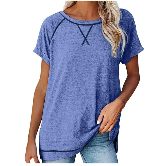 Workout Tops for Women Elastic Breathable Short Sleeve Women's Solid Color Short Sleeve Casual Round Neck Side Split Fashion T Shirt Short Sleeve Round Neck Top(Blue,M)