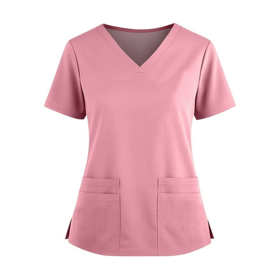 Workout Tops for Women, Hospital Staff Short Sleeve Food Service Uniform Shirt Polyester Scrub Top Women 2025 Summer Nurse Womens Work Split Hem Comfort Nursing Healthcare Pink 4Xl
