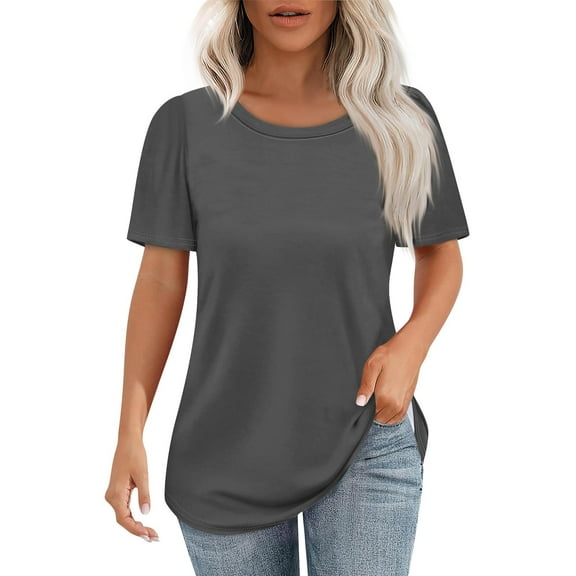 Workout Tops For Women, Spring Casual Solid Color Round Neck Short Sleeve T-Shirt Tops Navy Blue Long Shirt Women Trendy Tops 2025 Black Corset Going Out Tops Tank Tees Tops (M, Dark Gray) Unbranded