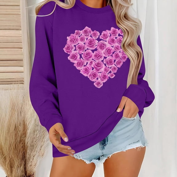Workout Tops for Women Viikei Blouses for Women Fashion Casual Womens Fall Tops,Women's Round Neck Lover's Love Top Hoodie Long Sleeved Round Neck Top Purple S