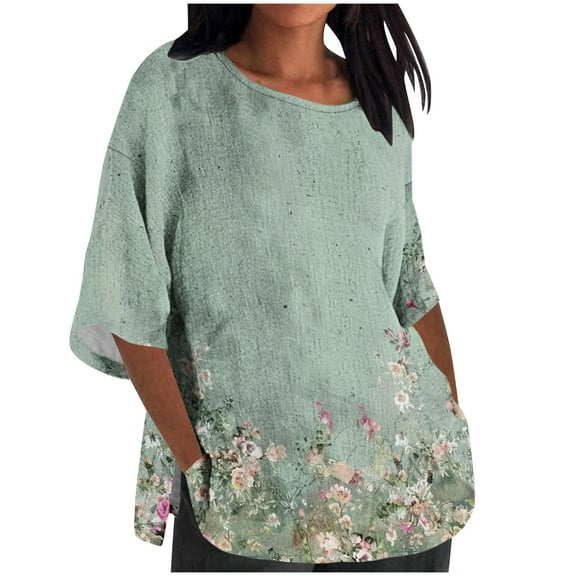 Workout Tops for Women Viikei Womens Plus Size Tops,Sweatshirts for Women Oversized,Women's Ladies Fashion Casual Cropped 3/4 Sleeve Printing Loose Shirt Blouse Top Green S