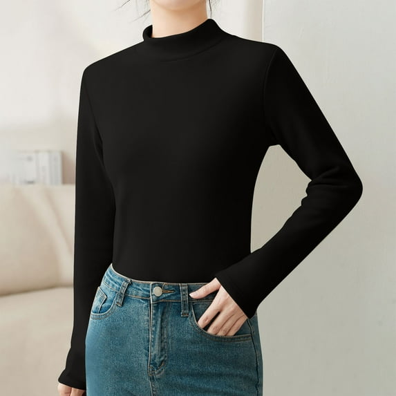 Workout Tops for Women Viikei Womens Tops Clearance under $10,Tops for Women Plus Size Long Sleeves,Women's New Solid Color Long Sleeve Pullover Half High Neck Casual Base Shirt Black M