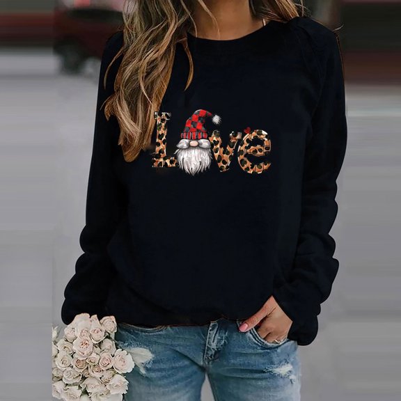 Workout Tops for Women Viikei Womens Tops Long Sleeve Sweatshirts,Tops for Women Plus Size Long Sleeves,Ladies' Casual Valentine's Day Printed Long Sleeved Round Neck Top/shirt Black XL