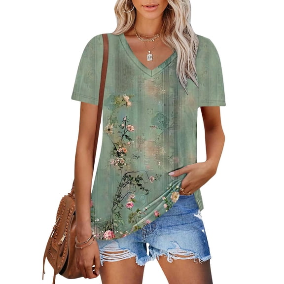 Workout Tops for Women Viikei Womens Tops Short Sleeve,Tops for Women 2025,Women's New Short-sleeved V-neck Pullover Casual Printed Fashion Top Multicolor XXL