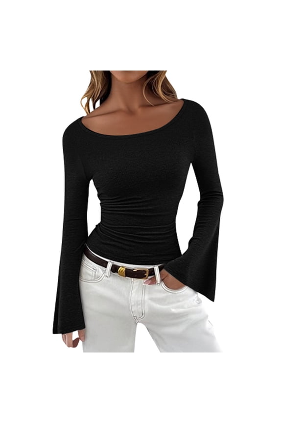 Workout Tops for Women Boat Neck Flared Sleeve Underscrub,Black,L