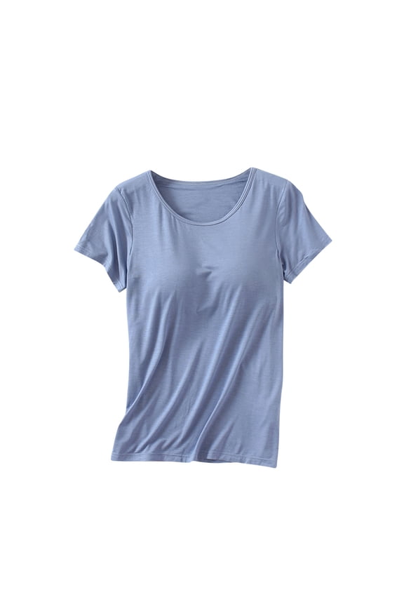 Workout Tops for Women Built-in Bra Padded T-Shirt Casual Comfy Short Sleeve Crew Neck Yoga Sports Tees Shirt Light Blue 2XL