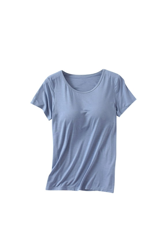 Workout Tops for Women Built-in Bra Padded T-Shirt Casual Comfy Short Sleeve Crew Neck Yoga Sports Tees Shirt Light Blue M