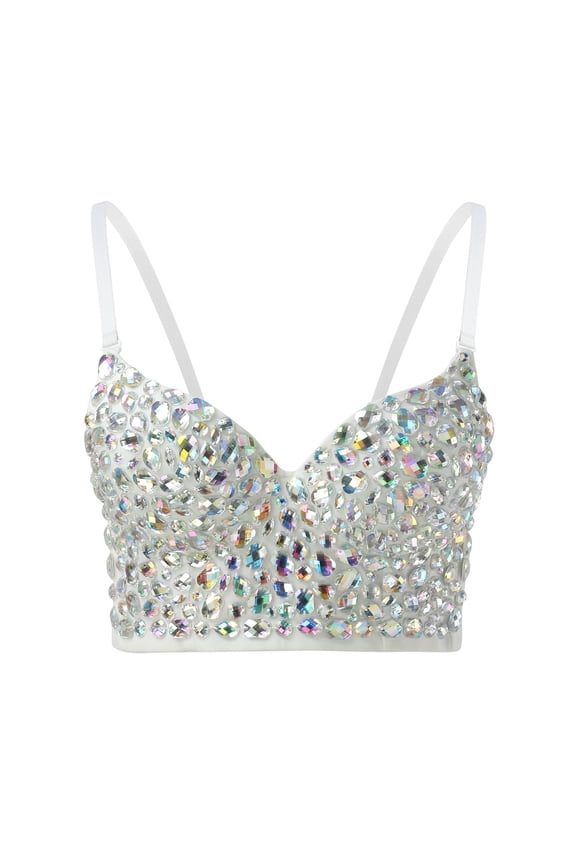 Workout Tops for Women Camisole Corset Rhinestone Suspender Sequin Corset Undershirt,White,M