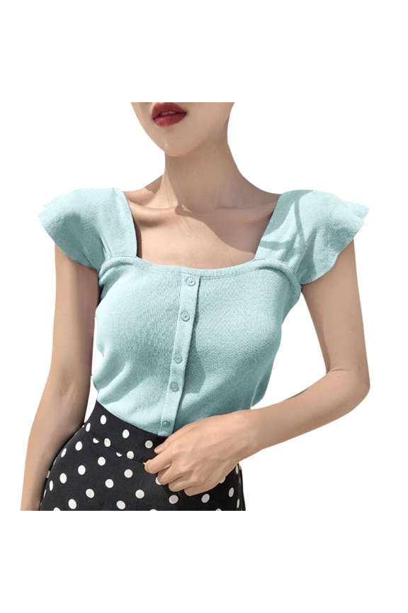 Workout Tops for Women Camisole Crop Button Neck Up Knitted Crop Tees Undershirts,Blue,One Size