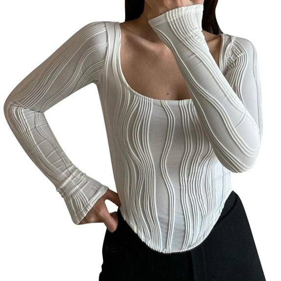 Workout Tops for Women Deep U Neck Long Sleeve Wrap Slim Fit Crops Underscrub,White,S