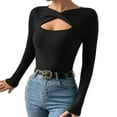 thumbnail image 1 of Workout Tops for Women Fall Long Sleeve Cutout Sexy Solid Ribbed Knit Pullover Slim Fit Basic Women'S T-Shirts Dressy Casual Black M, 1 of 9