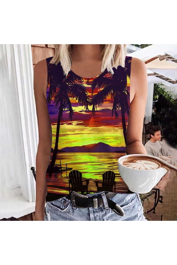 Black*Friday Discounted Items under $5 Workout Tops for Women GaThRRgYP Summer Shirts for Women,Women Floral Printing Tank Round-Neck Sleeveless Block Tunic Tee Yellow XXXXL