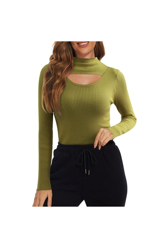 Workout Tops for Women Knitted Shirt Half Turtleneck Sweater Cut Out Underscrub,Green,One Size