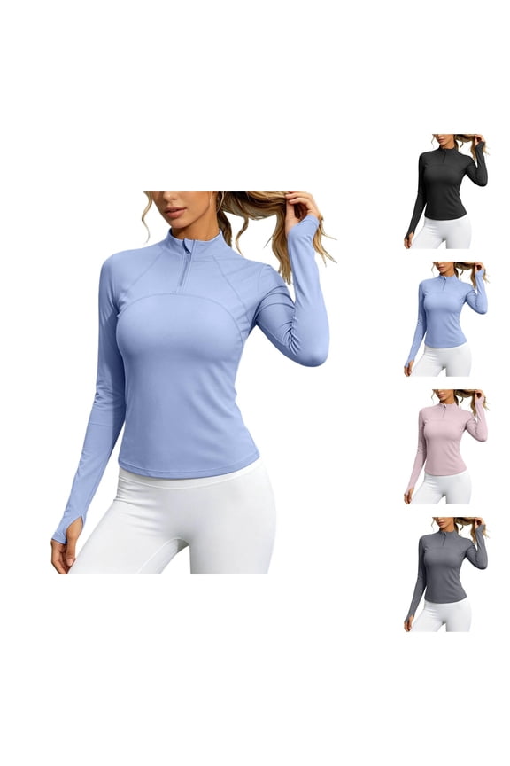 Workout Tops for Women Long Sleeve Slim Fitted Quarter Zip Neck Breathable Athletic Running Yoga Shirt with Thumb Hole